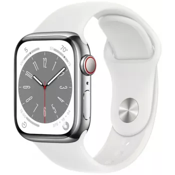 Apple Watch Series 8 GPS + Cellular 41mm κάσα από ανοξείδωτο ατσάλι με αθλητικό λουράκι, ασημί/λευκό (MNJ53EL/A)