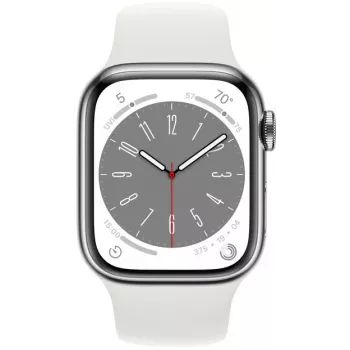 Apple Watch Series 8 GPS + Cellular 41mm κάσα από ανοξείδωτο ατσάλι με αθλητικό λουράκι, ασημί/λευκό (MNJ53EL/A)