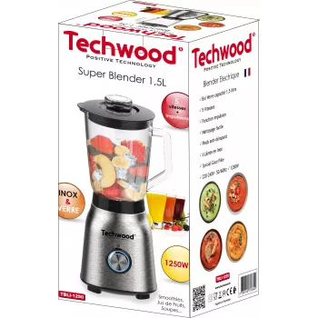 Techwood TBLI-1250 επιτραπέζιο μπλέντερ 1200 W 1,5 L γυάλινη κανάτα μαύρο/ασημί