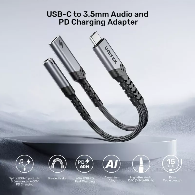UNITEK Προσαρμογέας USB-C σε 3,5 mm ήχου με PD