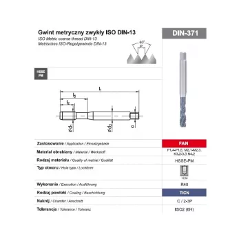 Βιδολόγος M10 DIN-371C R40 (6H) HSSE-PM TiCN FAN μηχανής