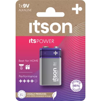 ITSON 6LR61IPO/1CP αλκαλική μπαταρία 9V (6LR61, PP3, 1 συσκευασία) – Χωρίς υδράργυρο, 5 χρόνια αποθήκευσης