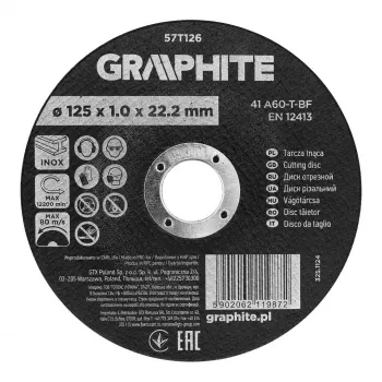 GRAPHITE Δίσκος κοπής κορούνδιου 125 x 1,0 x 22,2 mm για μέταλλο και ανοξείδωτο χάλυβα, 41 A60-T-BF, 110 τεμ. σε κουτί