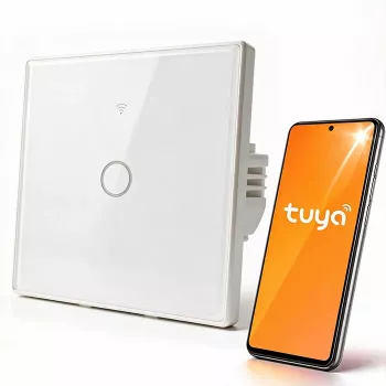 Qoltec 52715 Έξυπνος διακόπτης φωτός Wi-Fi αφής, 1 κανάλι, σκληρυμένο γυαλί, Λευκό, Tuya/Smart Life, χρονοδιακόπτης, φωνητικός έλεγχος