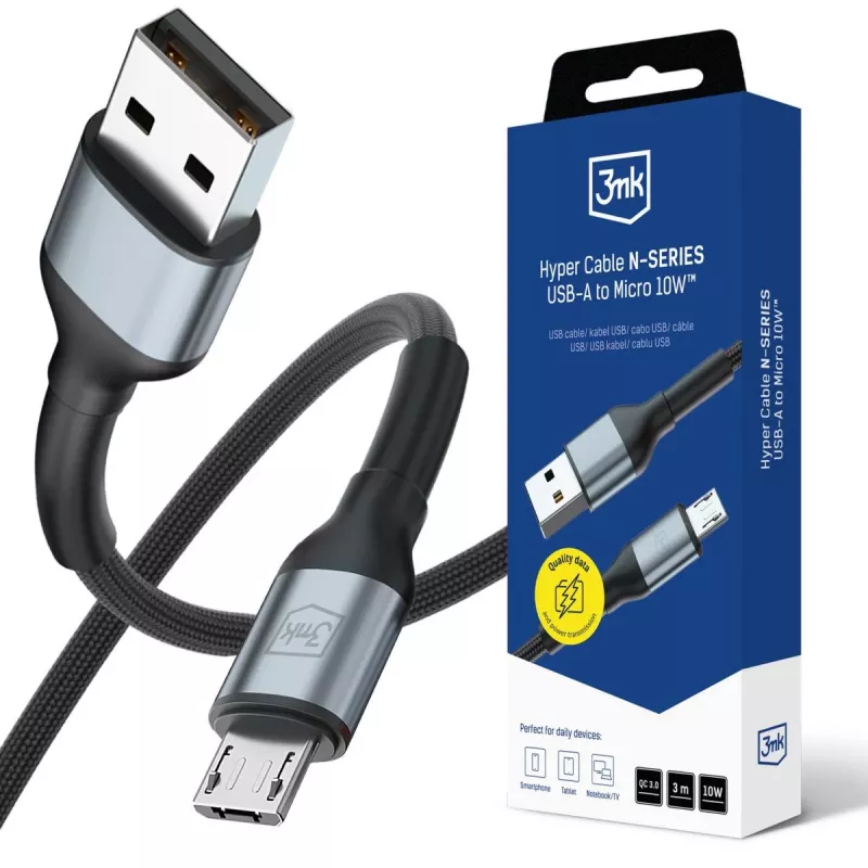 3mk Hyper Cable N-SERIES USB-A σε Micro 3m QC 3.0 5V/2A 10W μαύρο