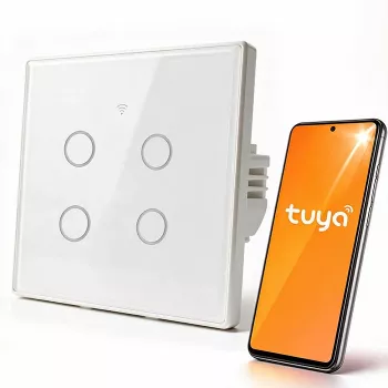 Qoltec 52718 Smart Touch διακόπτης φωτός Wi-Fi 4 καναλιών με χρονοδιακόπτη, Tuya/Smart Life, σκληρυμένο γυαλί, Λευκό