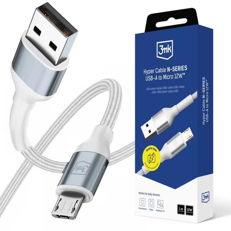 3mk Hyper Cable N-SERIES USB-A σε Micro 1m 5V/2,4A 12W λευκό