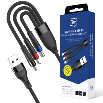 3mk Hyper Cable N-SERIES 3-in-1 USB-A σε USB-C/Lightning/MicroUSB 1,2m 9V/2A 18W μαύρο