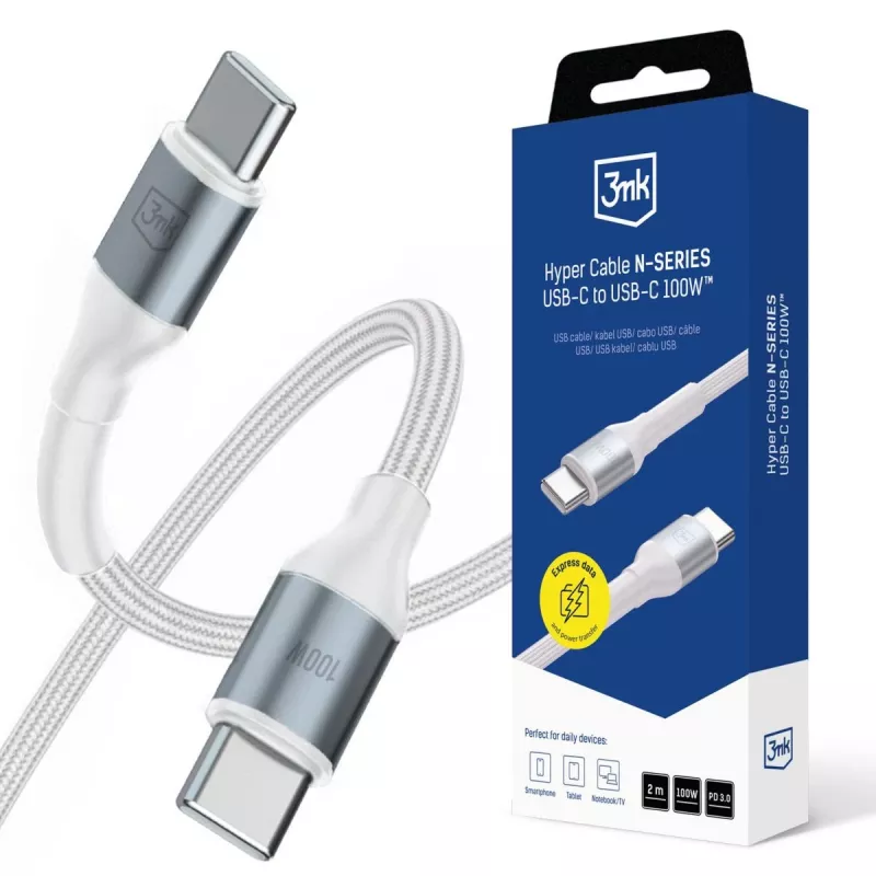 3mk Hyper Cable N-SERIES USB-C σε USB-C 2m PD 3.0 QC 3.0 20V/5A 100W λευκό