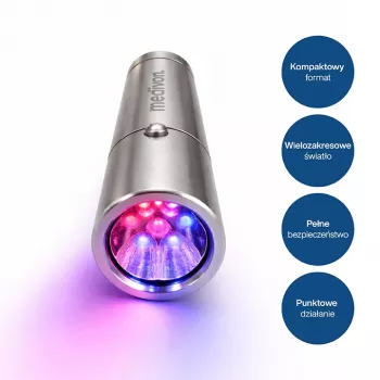 MEDIVON Lumix Συμπαγής λάμπα LED φωτοθεραπείας, 5 μήκη κύματος 460–900 nm, χρονόμετρο 5 λεπτών, μπαταρία Li-Ion, ασημί