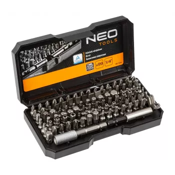 NEO TOOLS Σετ 99 τεμ. Κατσαβιδιών-Μυτών με Λαβή, Χάλυβας S2, 1/4 inch Εξάγωνο, Ίσιο, Phillips, Pozidriv, Torx, Ασφαλείας Torx, Εξάγωνο, Ασφαλείας Εξάγωνο, Τετράγωνο, Spanner, Tri-Wing, Torq-Set, Clutch, Μαγνητικός Υποδοχέας Μυτών, Αντάπτορας, Ρολ