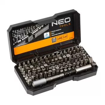 NEO TOOLS Σετ 99 τεμ. Κατσαβιδιών-Μυτών με Λαβή, Χάλυβας S2, 1/4 inch Εξάγωνο, Ίσιο, Phillips, Pozidriv, Torx, Ασφαλείας Torx, Εξάγωνο, Ασφαλείας Εξάγωνο, Τετράγωνο, Spanner, Tri-Wing, Torq-Set, Clutch, Μαγνητικός Υποδοχέας Μυτών, Αντάπτορας, Ρολ