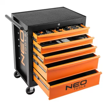 NEO TOOLS Ερμάριο συνεργείου, 5 συρτάρια + 117 εργαλεία, οδηγοί συρταριών με ρουλεμάν, κεντρικό κλείδωμα, στατικό φορτίο 400 kg, μαύρο