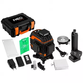 NEO TOOLS 75-140 Επίπεδο λέιζερ 3D, 12 πράσινες γραμμές, 3 x 360°, επαναφορτιζόμενο, με βαλίτσα μεταφοράς, πλάκα στόχευσης, μαγνητική βάση, φορτιστή