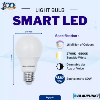 Blaupunkt E27 9W έξυπνος λαμπτήρας LED A60 – Tunable White & RGB, Wi-Fi, Alexa/Google Assistant