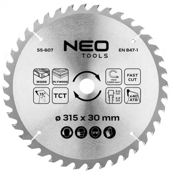 NEO TOOLS 315 mm Λεπίδα δίσκου κοπής TCT, 40 δόντια, 30 mm οπή, κοπή ξύλου