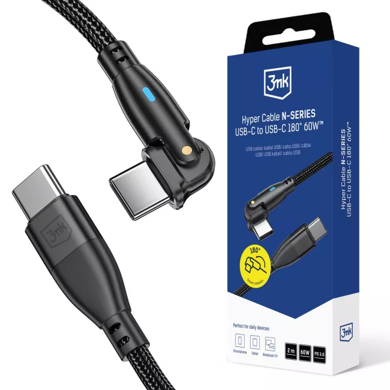 3MK Hyper Cable N-SERIES USB-C σε USB-C 2m 20V/3A 60W μαύρο - περιστρεφόμενο