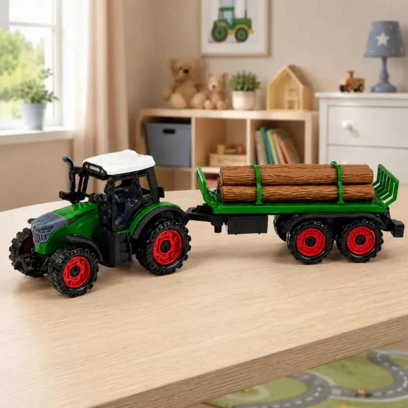 LEAN TOYS Αγροτικό τρακτέρ με ξύλινο μεταφορέα, μηχανισμό pull-back, δεμάτια, 35 cm