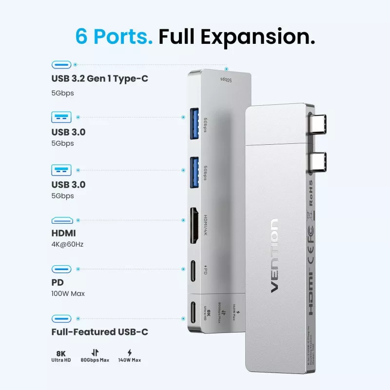 VENTION 6-in-2 Thunderbolt 5 σταθμός βάσης 8K@240Hz 80Gbps 140W PD DisplayPort 2.1 USB-C