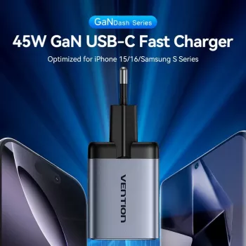 VENTION GaN 90W διπλός φορτιστής τοίχου USB-C (45W+45W) - μαύρο