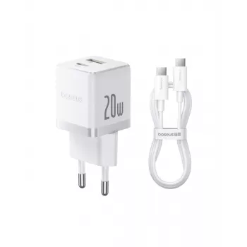 Baseus Palm 20W Φορτιστής τοίχου, 1x USB-A + 1x USB-C, QC3.0/PD3.0, με καλώδιο USB-C 1 m, Λευκό (P10111608213-01)