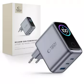 TECH-PROTECT PowerVision NC100W GaN 100W 3 θυρών USB-C PD & USB-A QC3.0 Φορτιστής τοίχου - Σκούρο Γκρι