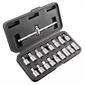 NEO TOOLS Σετ κλειδιών αποστράγγισης λαδιού 3/8 ίντσες υποδοχή, 18 τεμ., χρώμιο-βανάδιο, τετράγωνα/εξάγωνα/Torx/καρυδάκια spline, πλαστική βαλίτσα