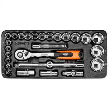 NEO TOOLS 84-238 σετ καρυδάκια 1/2 ίντσες 27 τεμ. με καστάνια, προεκτάσεις, άρθρωση, συρόμενη λαβή και βαλίτσα | χάλυβας CrV | 10-32 mm