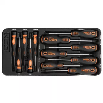NEO TOOLS 12 τεμ. Σετ κατσαβιδιών ακριβείας και standard με PZ, TX, ίσιο, Phillips, μαγνητικές μύτες, χάλυβας χρωμίου-βαναδίου, λαβές δύο συστατικών, θήκη αποθήκευσης