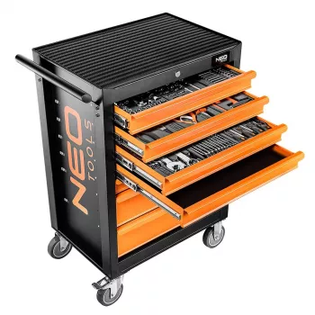 NEO TOOLS Ερμάριο συνεργείου με 7 συρτάρια και σετ εργαλείων 129 τεμ., Κόκκινο/Μαύρο, συρτάρια με ρουλεμάν, κεντρικό κλείδωμα, αντοχή 400 kg