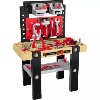 NEO TOOLS Mini Παιδικό σετ εργαλείων συνεργείου 3-in-1 βαλίτσα σακίδιο πάγκος εργασίας με 40+ αξεσουάρ, παιχνίδι δράπανο, εργαλεία, παξιμάδια & βίδες, για παιδιά από 3 ετών