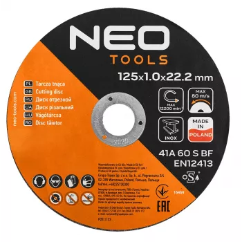 NEO TOOLS Δίσκοι κοπής 41A 60 S BF - 125x1,0x22,23 mm ΧΑΛΥΒΑΣ/INOX, 100 τεμ. σε κουβά