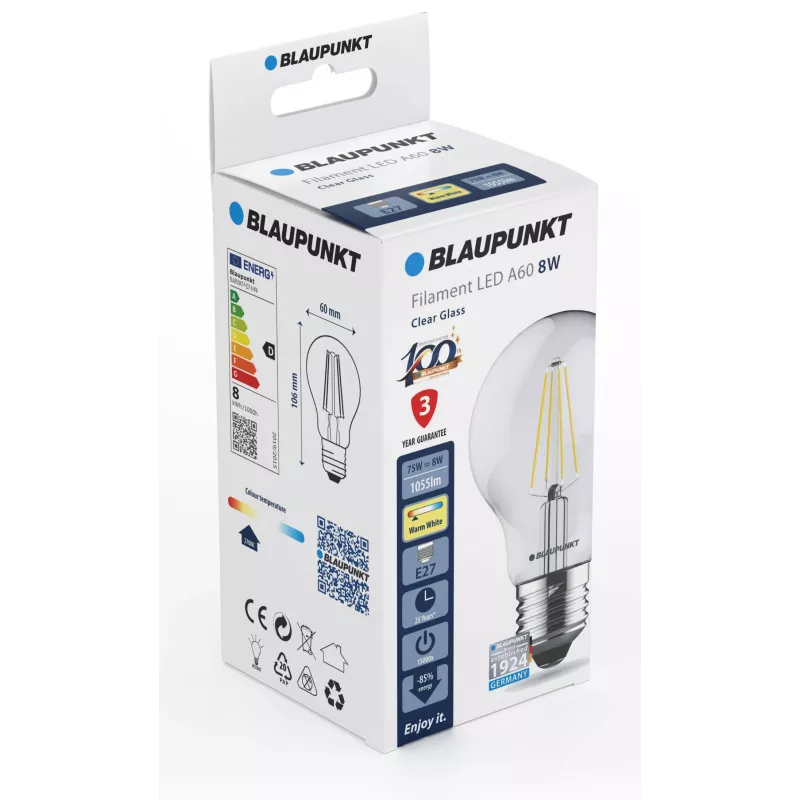 Blaupunkt λαμπτήρας LED νήματος E27 A60 8W, 1055 lm, 2700 K (BLAUPUNKT-F-E27-8-WW)