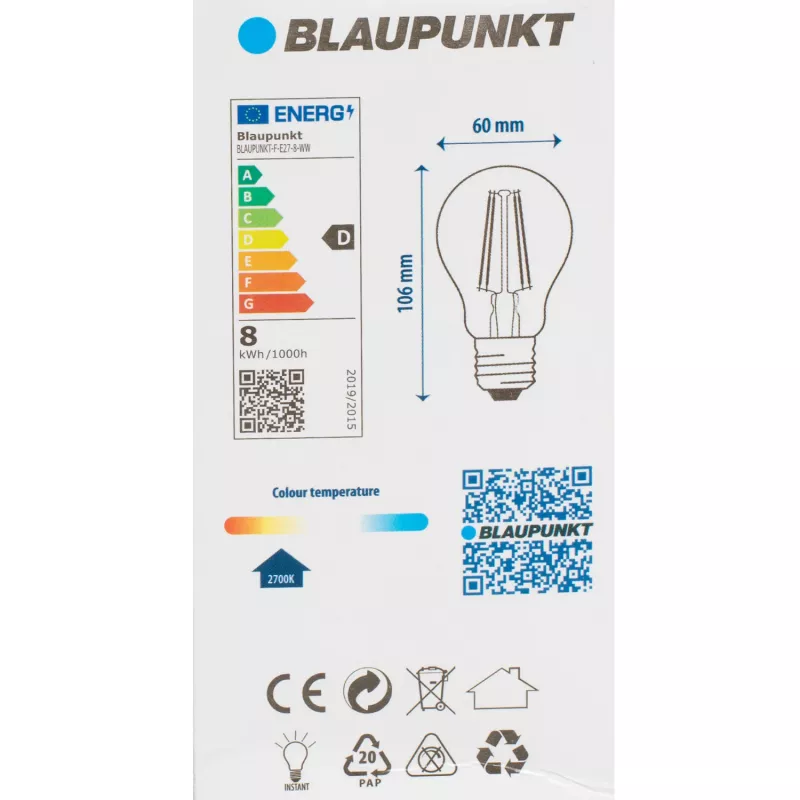 Blaupunkt λαμπτήρας LED νήματος E27 A60 8W, 1055 lm, 2700 K (BLAUPUNKT-F-E27-8-WW)