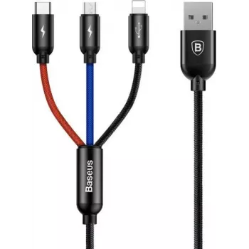Baseus Primary Colors 3-in-1 USB 2.0 Type-A σε Micro, USB-C & Lightning καλώδιο 30cm μαύρο/κόκκινο/μπλε