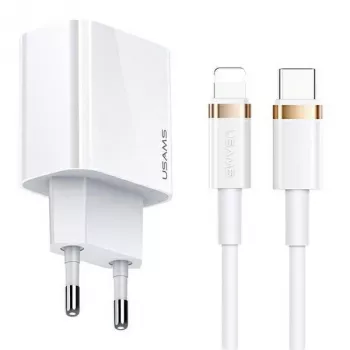 USAMS T34 φορτιστής τοίχου 20W USB-C PD με καλώδιο USB-C σε Lightning U63 κιτ - λευκό