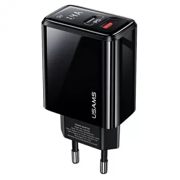 USAMS φορτιστής τοίχου 20W διπλής θύρας USB-C PD3.0 + USB-A QC3.0 (βύσμα EU, μαύρο)