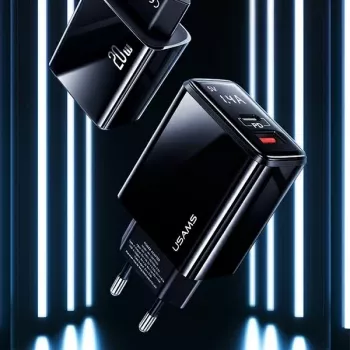USAMS φορτιστής τοίχου 20W διπλής θύρας USB-C PD3.0 + USB-A QC3.0 (βύσμα EU, μαύρο)