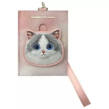 NIMMY Big Eyed Pet 2.0 γάτα ροζ PU δερμάτινη θήκη καρτών πορτοφόλι με 6 υποδοχές καρτών, θήκη νομισμάτων και φερμουάρ