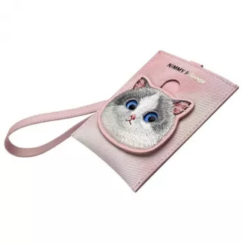 NIMMY Big Eyed Pet 2.0 γάτα ροζ PU δερμάτινη θήκη καρτών πορτοφόλι με 6 υποδοχές καρτών, θήκη νομισμάτων και φερμουάρ