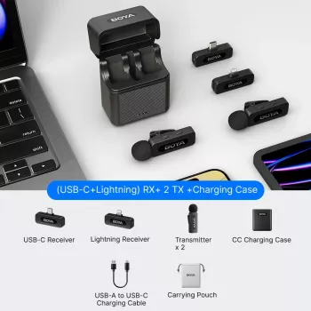 BOYA BY-V3 Combo σύστημα ασύρματου μικροφώνου 2,4 GHz με 2 πομπούς και 2 δέκτες (Lightning & USB-C) - μαύρο