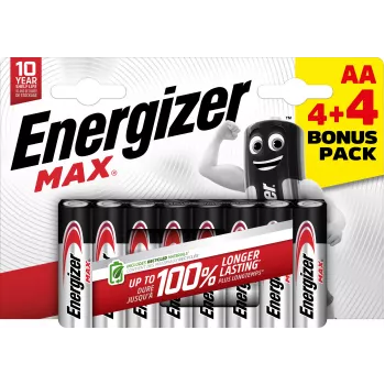 Energizer Max AA Αλκαλικές μπαταρίες, 1,5 V, συσκευασία 8 τεμ. (4+4)