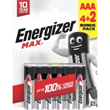 Energizer Max AAA αλκαλικές μπαταρίες, 1,5 V, συσκευασία 6 τεμ. (4+2)