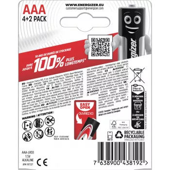Energizer Max AAA αλκαλικές μπαταρίες, 1,5 V, συσκευασία 6 τεμ. (4+2)