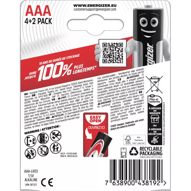 Energizer Max AAA αλκαλικές μπαταρίες, 1,5 V, συσκευασία 6 τεμ. (4+2)