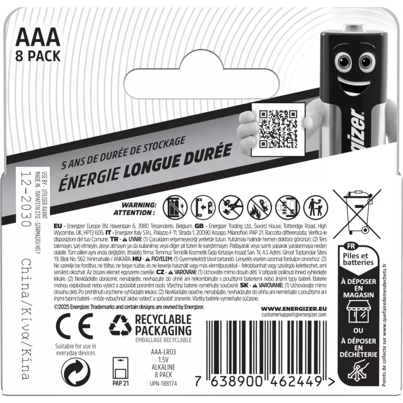 Αλκαλικές μπαταρίες Energizer Everyday AAA/LR03, συσκευασία 8 τεμαχίων (DHP8)