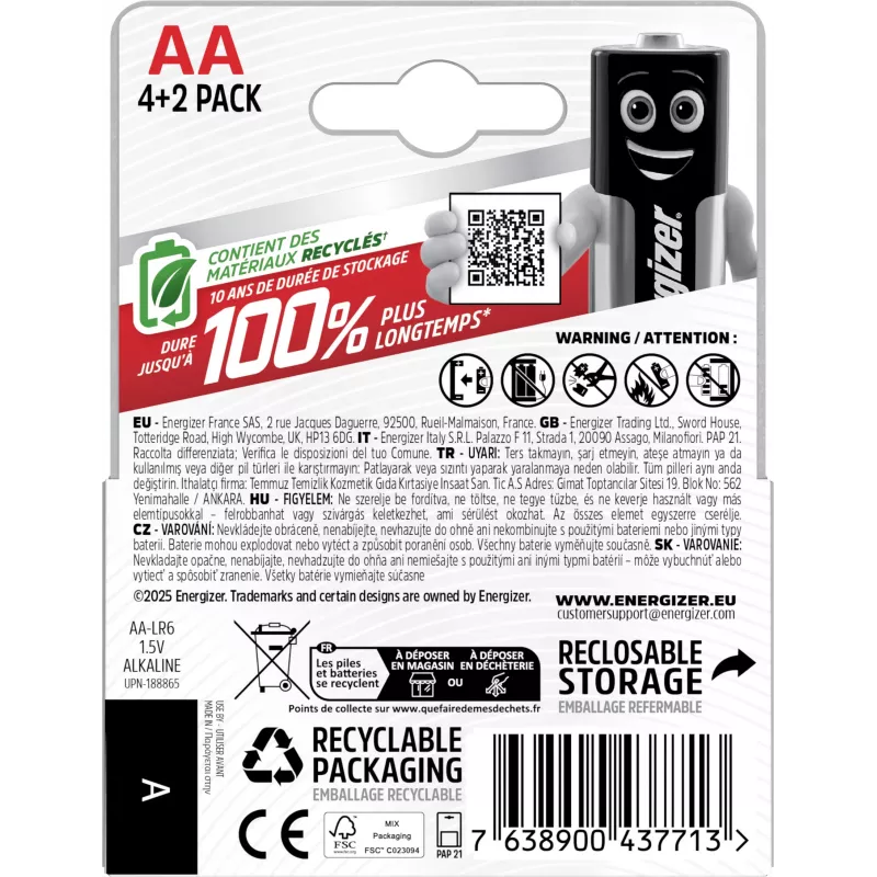 Energizer Max AA αλκαλικές μπαταρίες, 1,5 V, συσκευασία 6 τεμ. (4+2)