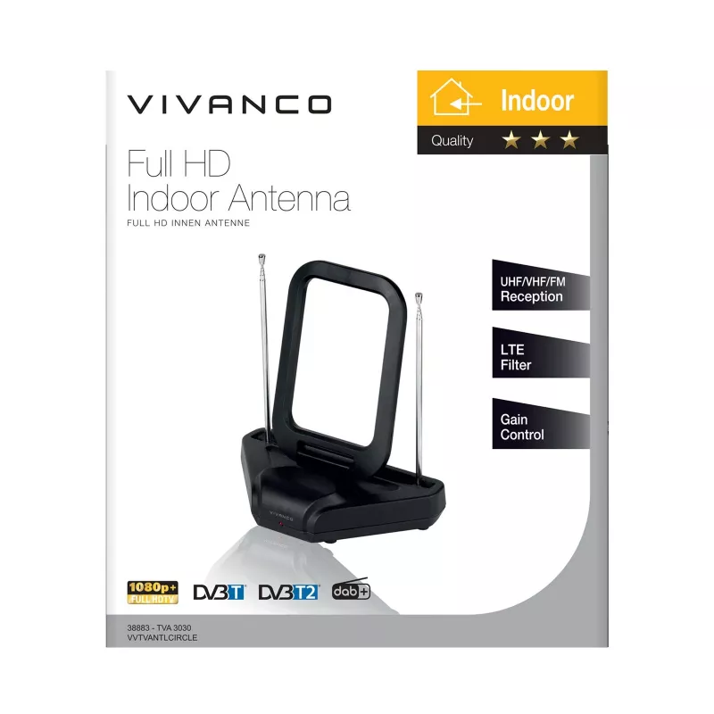 Vivanco VVTVANTLCIRCLE Εσωτερική κεραία DVB-T/T2 ενεργή με ενίσχυση 28 dB, Μαύρο
