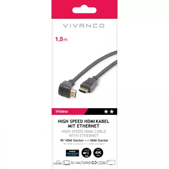 Καλώδιο HDMI High Speed με Ethernet Vivanco, γωνιακό 90 μοιρών, 1.5 m, μαύρο (VVVHDMI30M1M90K)