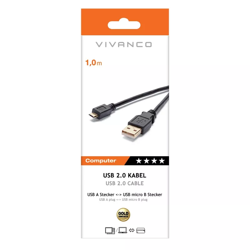 Vivanco VVITUSBAMICB10MK Καλώδιο USB 2.0 Type-A σε Micro-B, 1 m, Μαύρο